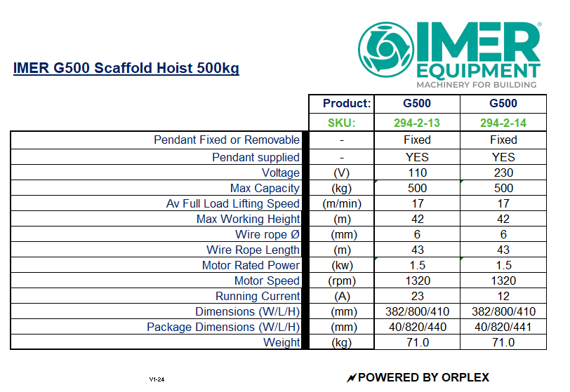 IMER G500 Scaffold Hoist 500kg - 110v